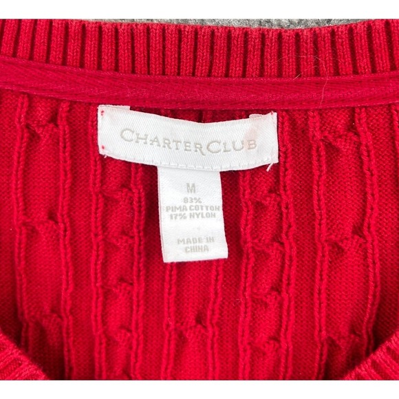 Charter Club Red Pima Cotton Cable Knit V-Neck Sweater Size M Preppy Classic - Picture 3 of 6